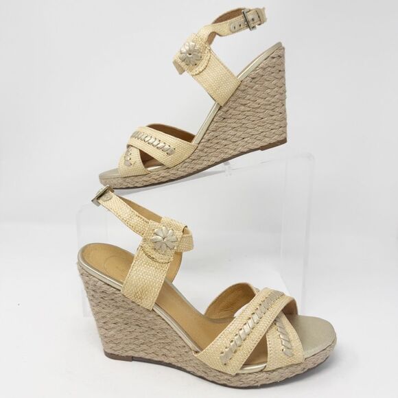 JACK ROGERS | Tan & Gold Wedge Espadrille Sandals Women’s Size 6 - Picture 2 of 12